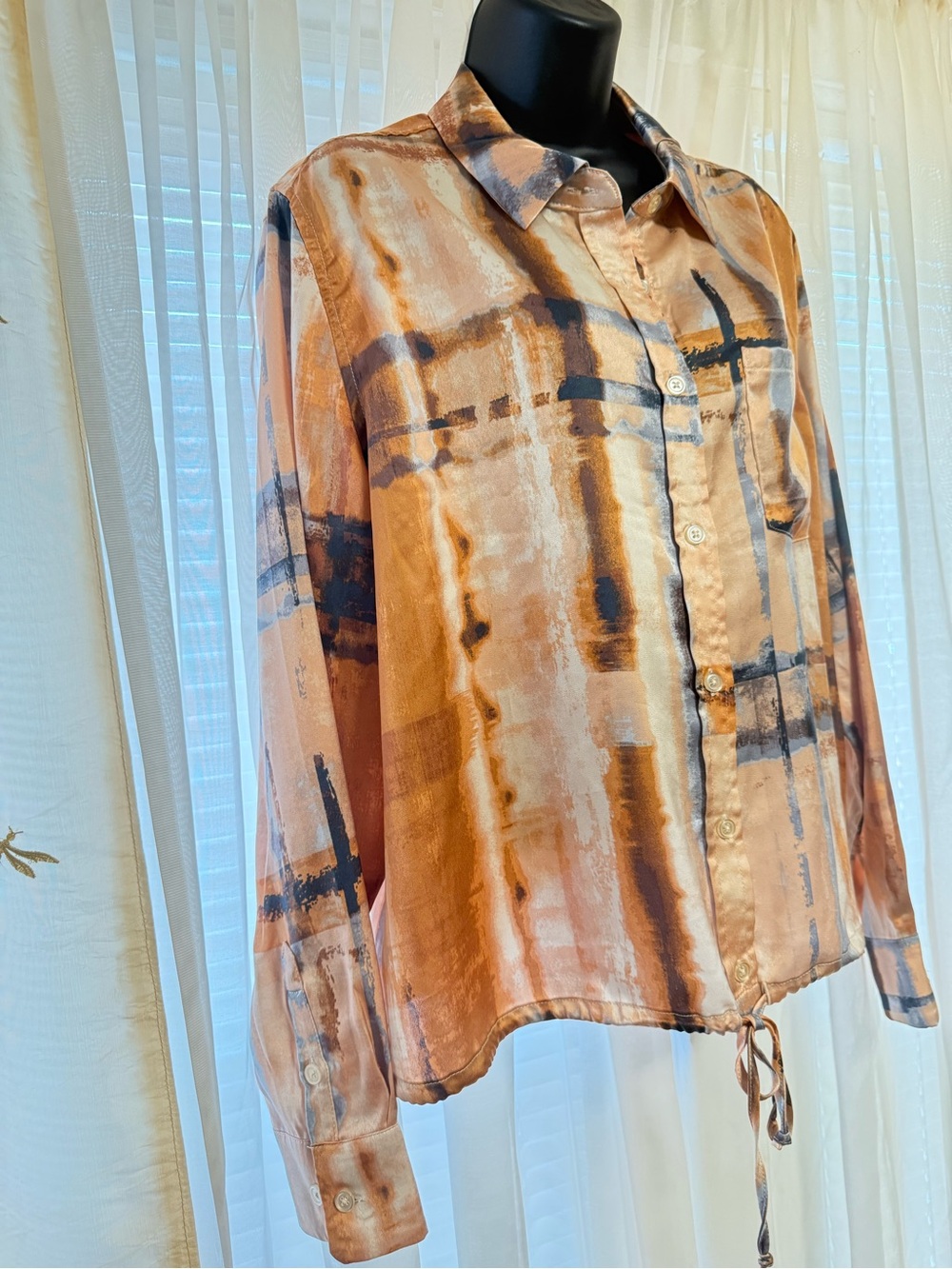 Rebecca Minkoff Rust and Black Abstract Button-Down Tie-Hem Shirt